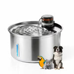Stainless steel pet water fountain shown with a cat and dog